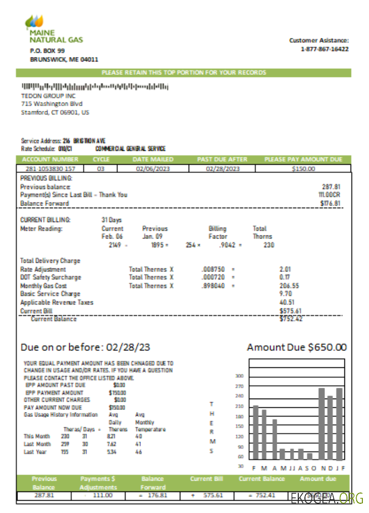 Facture commerciale de service public de Maine Natural Gas Portland, SCR